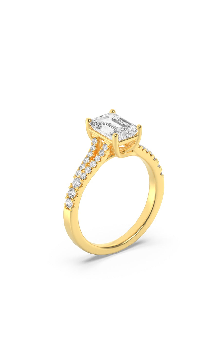 2Cttw Emerald Shaped Lab Grown Diamond (F/VS) Split Shank Trellis Engagement Ring in 14K Gold