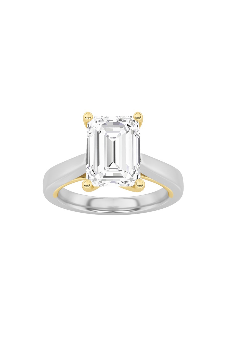 1Cttw Emerald Shaped Lab Grown Diamond (F/VS) TwoTone Twisted Basket Cathedral Shank Solitaire Ring in 14K Gold