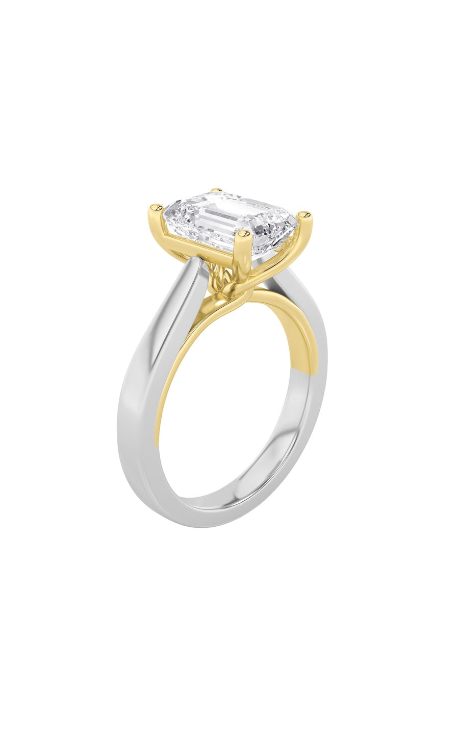 2Cttw Emerald Shaped Lab Grown Diamond (F/VS) TwoTone Twisted Basket Cathedral Shank Solitaire Ringin 14K Gold
