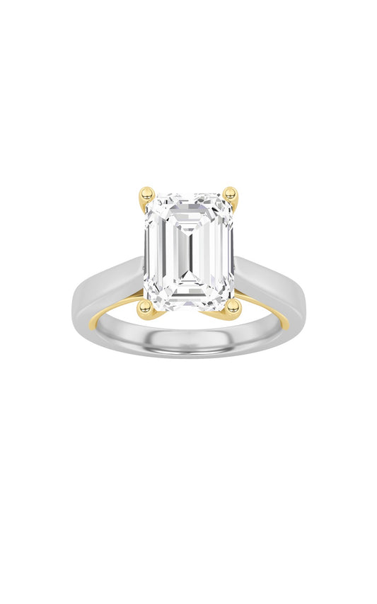 3Cttw Emerald Shaped Lab Grown Diamond (F/VS) TwoTone Twisted Basket Cathedral Shank Solitaire Ringin 14K Gold