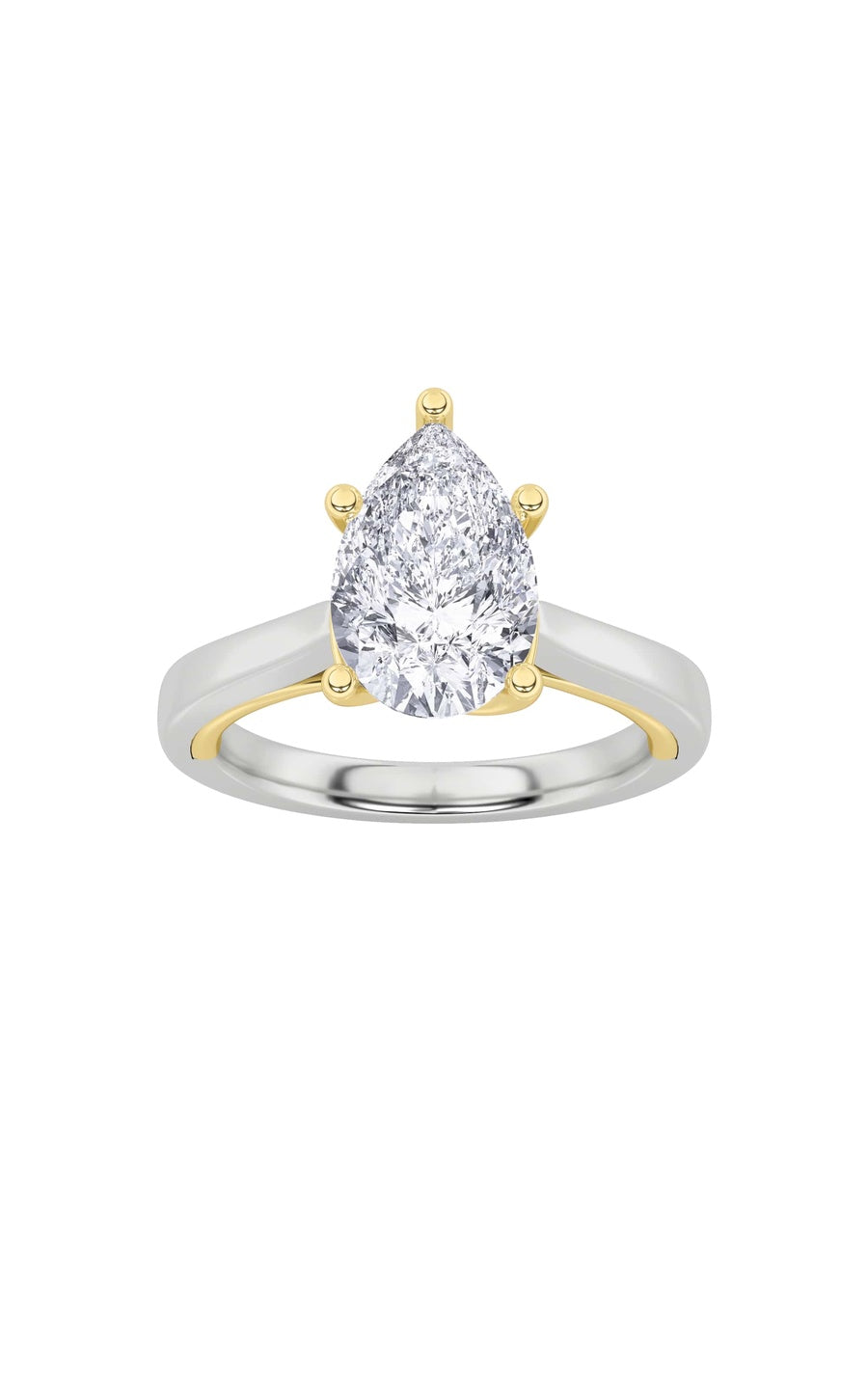 1Cttw Pear Shaped Lab Grown Diamond (F/VS) Two Tone Twisted Basket Cathedral Shank Solitaire Ring in14K Gold