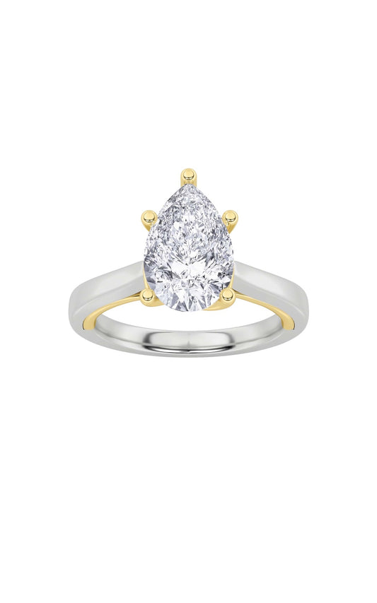 1Cttw Pear Shaped Lab Grown Diamond (F/VS) Two Tone Twisted Basket Cathedral Shank Solitaire Ring in14K Gold
