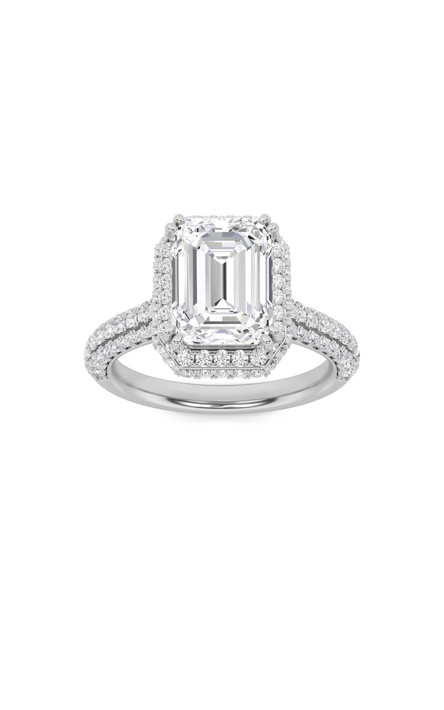 3Cttw Emerald Shaped Lab Grown Diamond (F/VS) HaloAccented Engagement Ring in 14K Gold