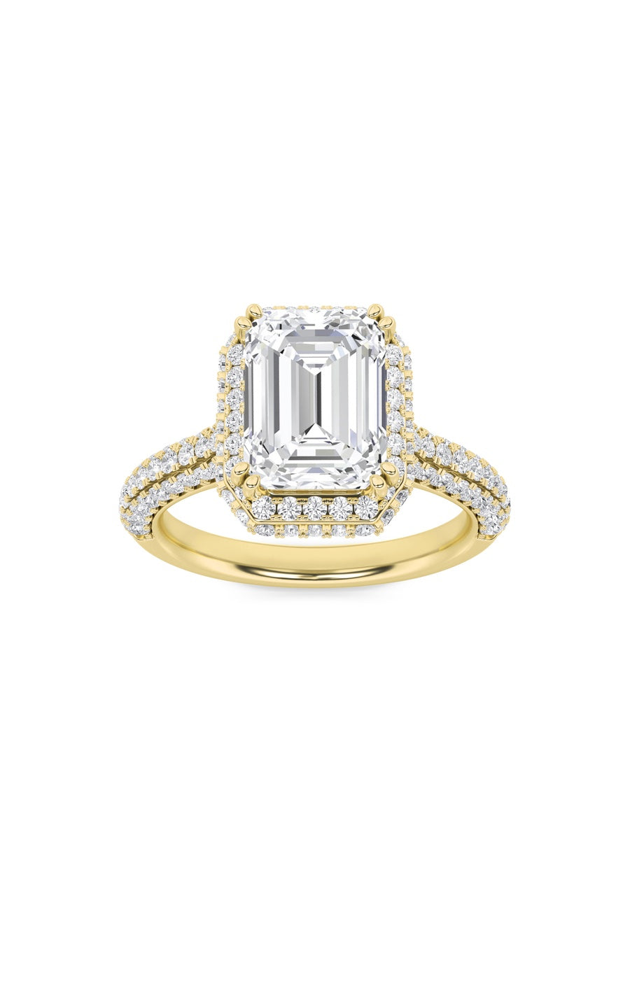 3Cttw Emerald Shaped Lab Grown Diamond (F/VS) HaloAccented Engagement Ring in 14K Gold