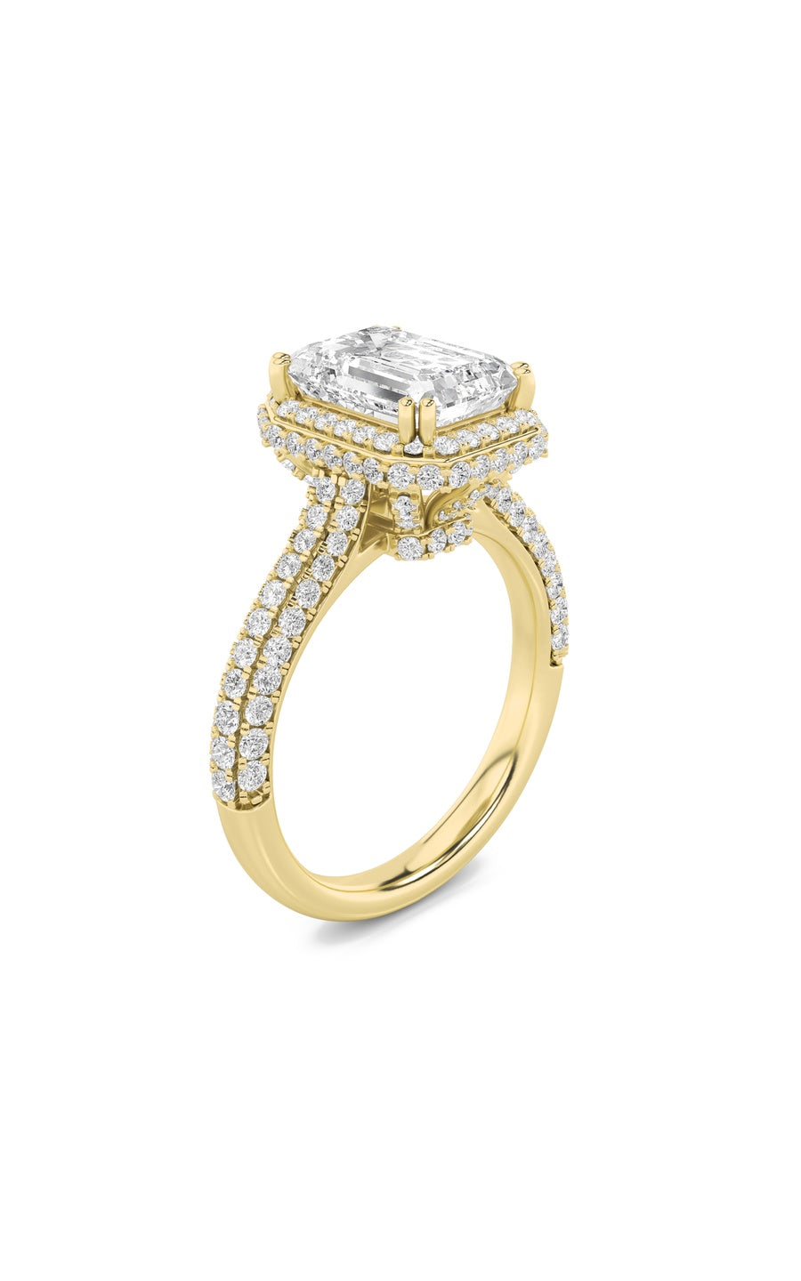 3Cttw Emerald Shaped Lab Grown Diamond (F/VS) HaloAccented Engagement Ring in 14K Gold