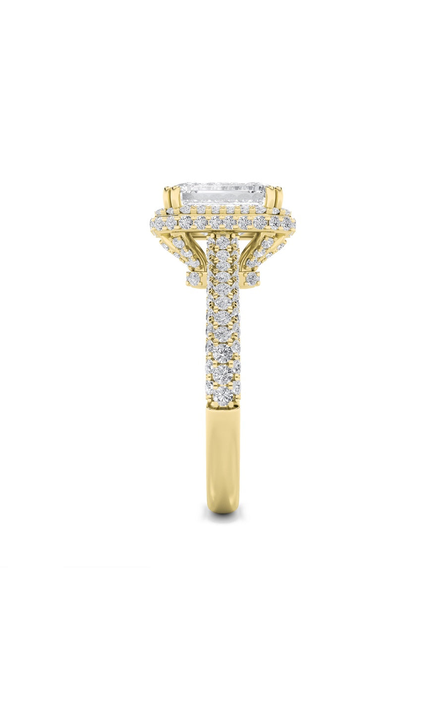 3Cttw Emerald Shaped Lab Grown Diamond (F/VS) HaloAccented Engagement Ring in 14K Gold