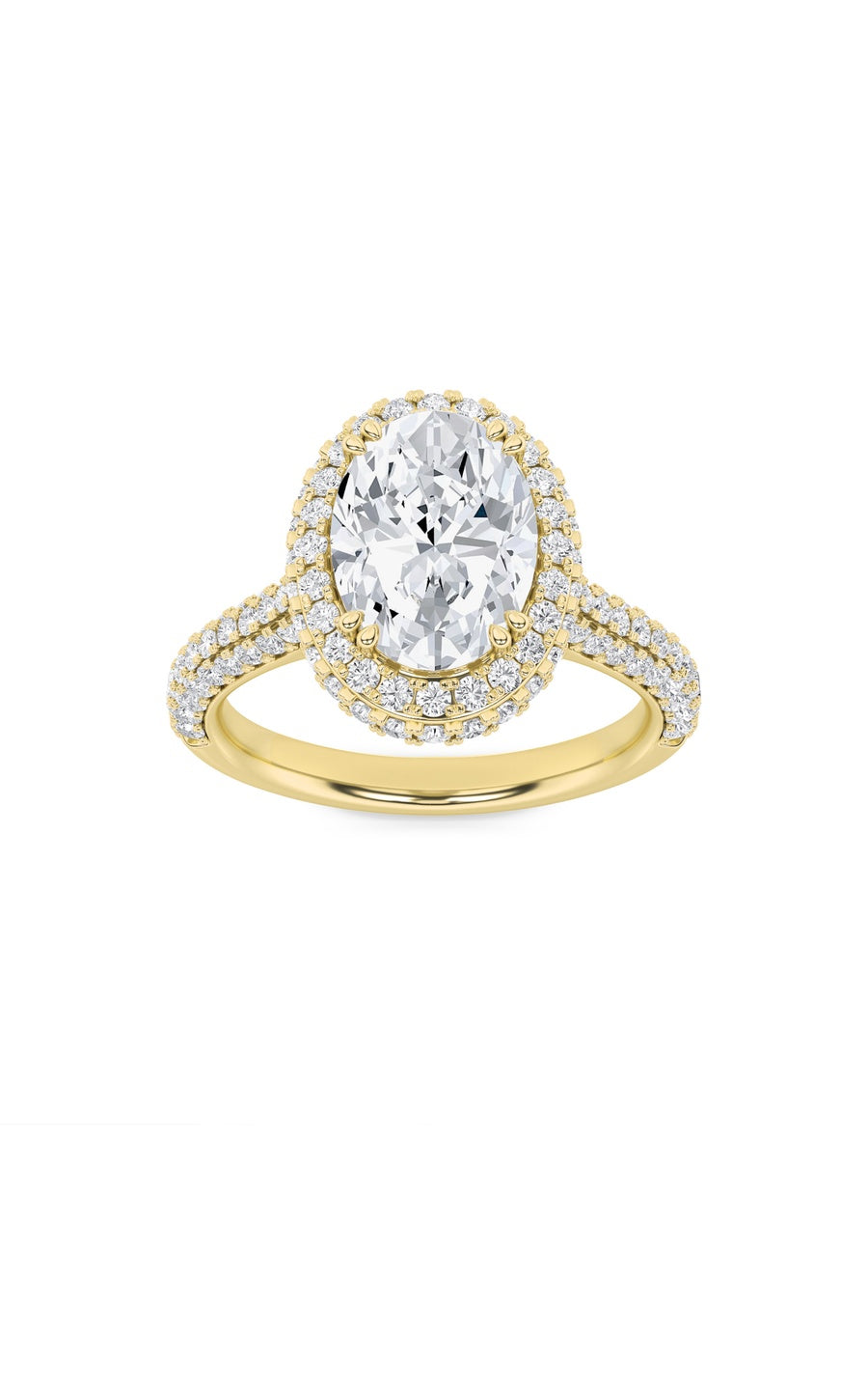 3Cttw Oval Shaped Lab Grown Diamond (F/VS) Halo Accented Engagement Ring in 14K Gold