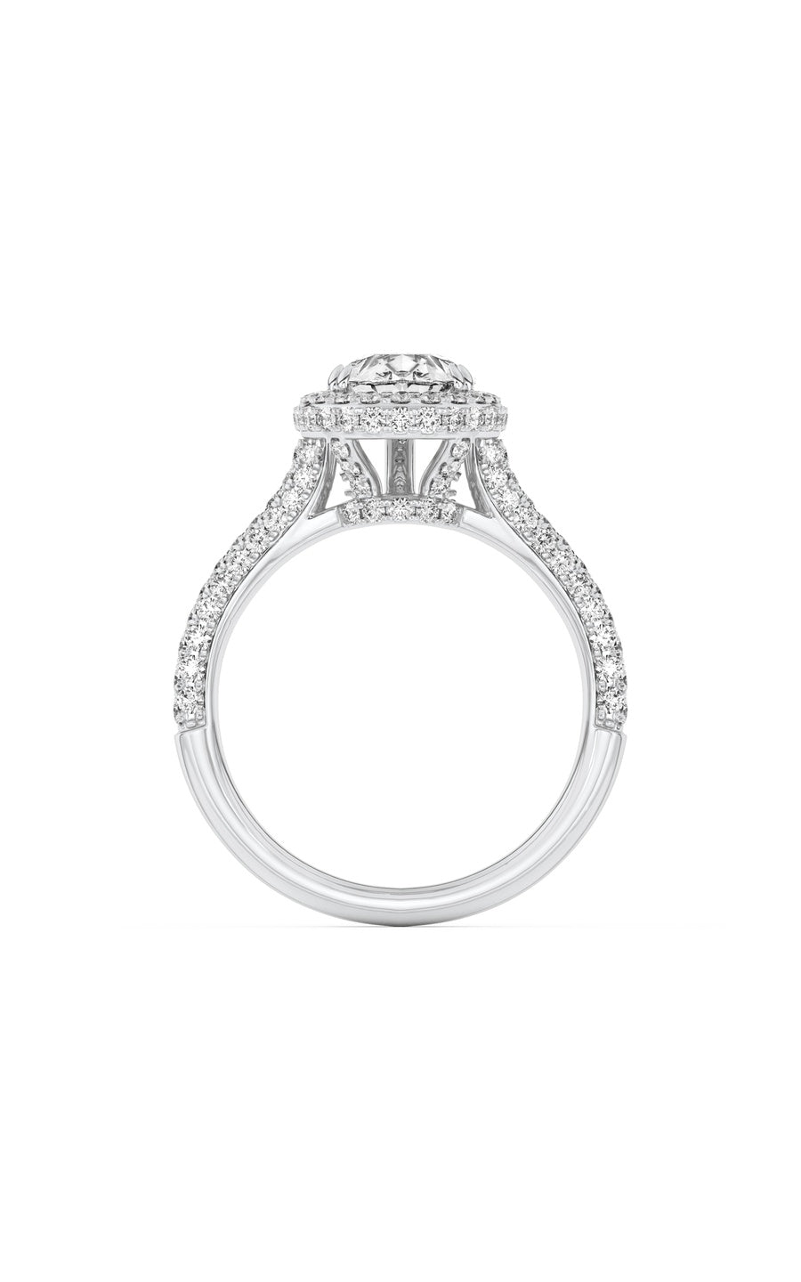 3Cttw Pear Shaped Lab Grown Diamond (F/VS) Halo Accented Engagement Ring in 14K Gold