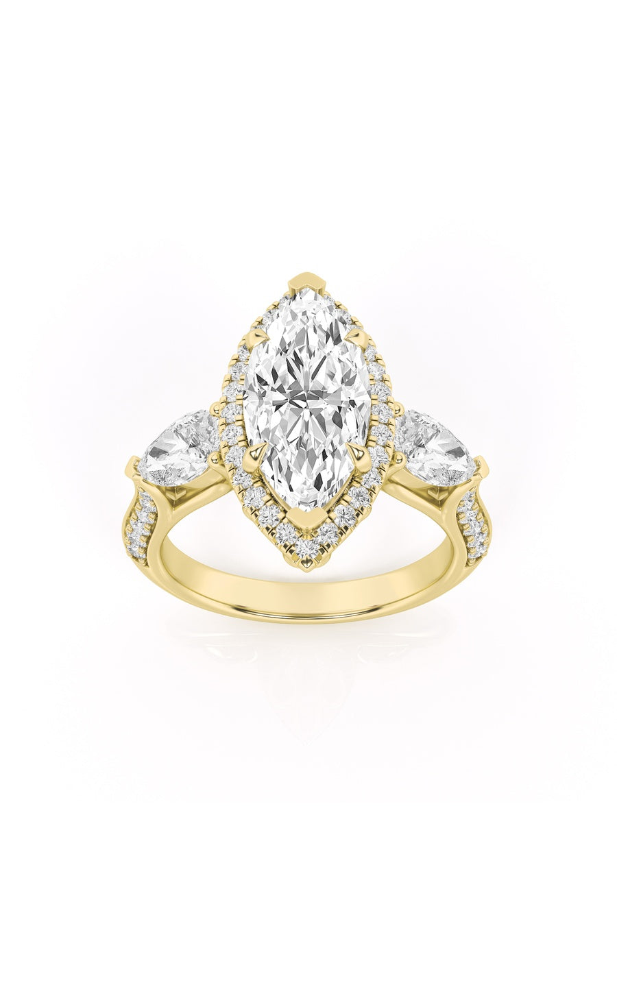 3Cttw Marquise Shaped Lab Grown Diamond (F/VS) Three Stone Halo Enagement Ring in 14K Gold