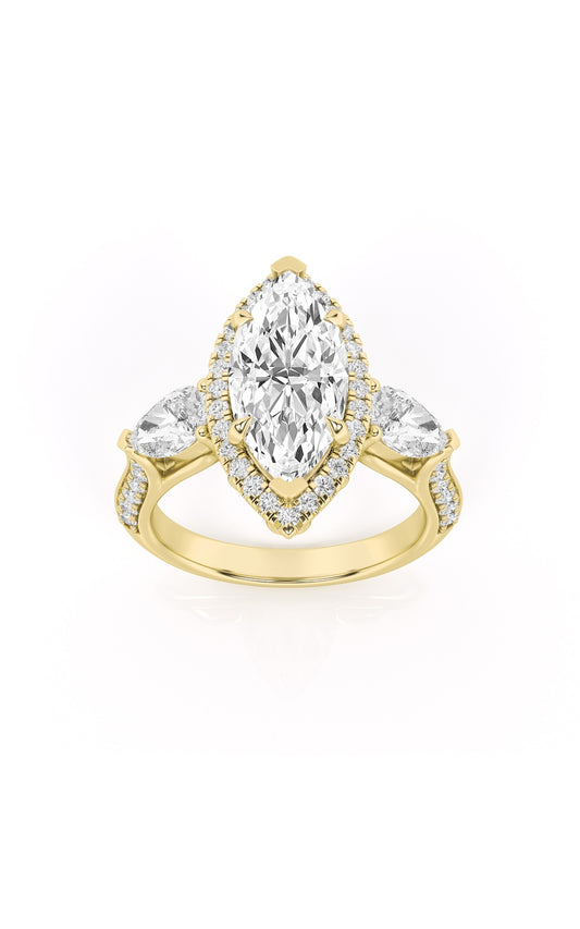 3Cttw Marquise Shaped Lab Grown Diamond (F/VS) Three Stone Halo Enagement Ring in 14K Gold