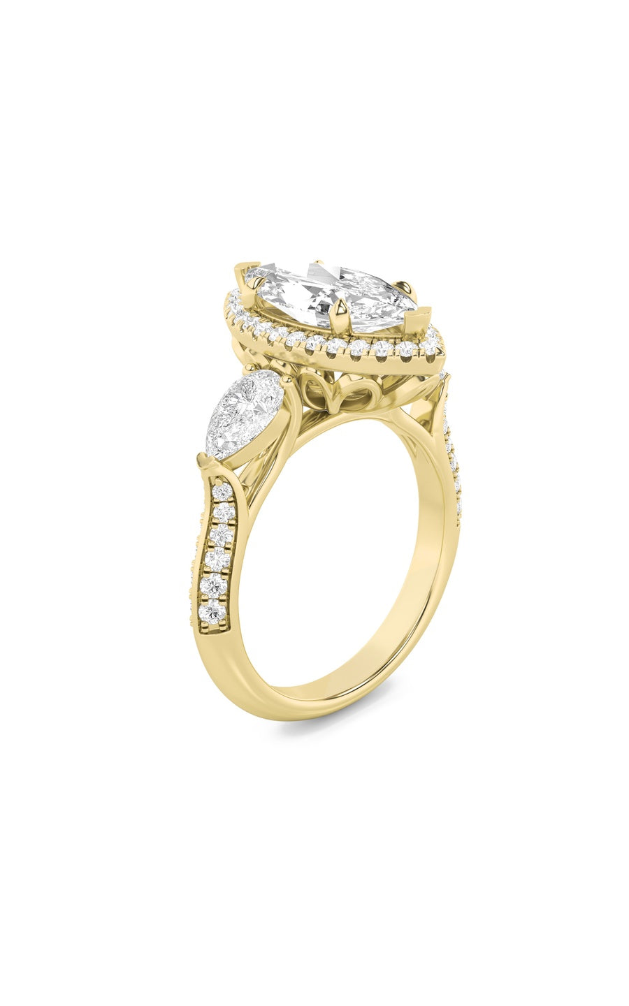 3Cttw Marquise Shaped Lab Grown Diamond (F/VS) Three Stone Halo Enagement Ring in 14K Gold