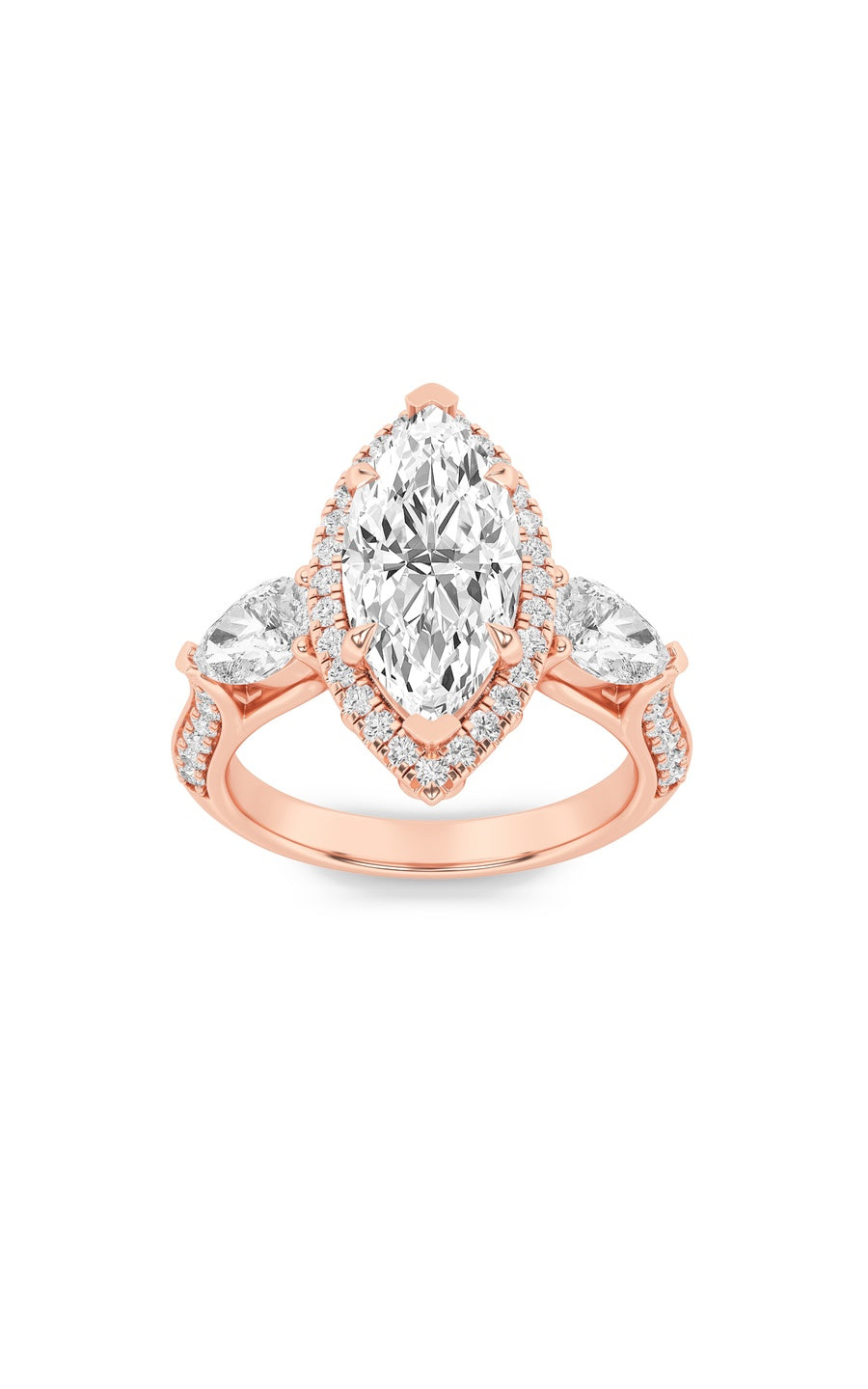 3Cttw Marquise Shaped Lab Grown Diamond (F/VS) Three Stone Halo Enagement Ring in 14K Gold