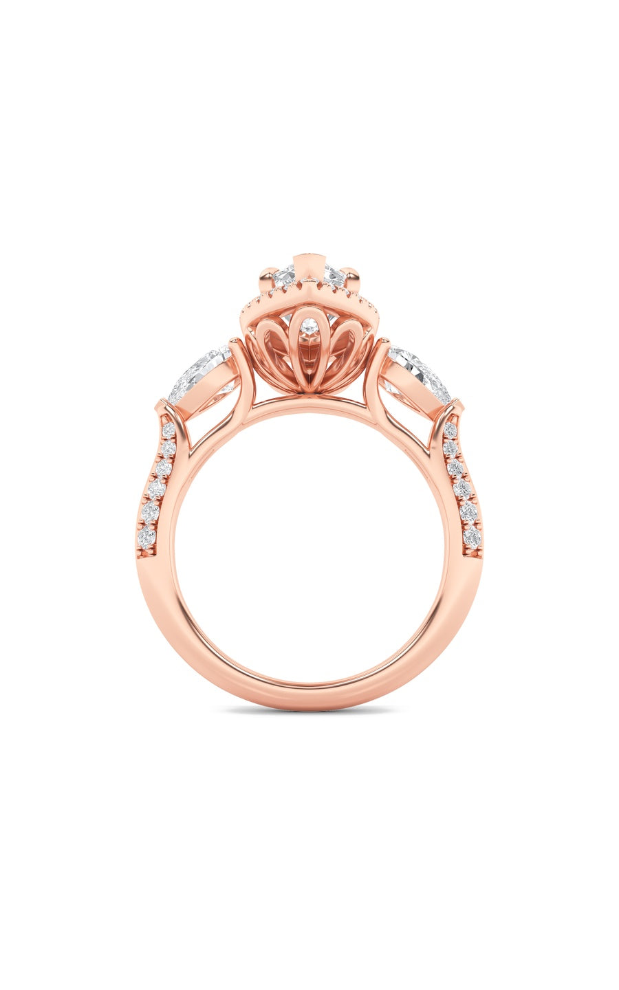 3Cttw Marquise Shaped Lab Grown Diamond (F/VS) Three Stone Halo Enagement Ring in 14K Gold