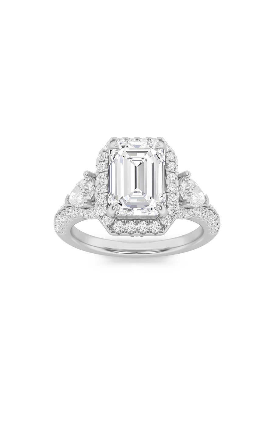 3Cttw Emerald Shaped Lab Grown Diamond (F/VS) Three Stone Bold Accented Engagement Ring in 14K Gold