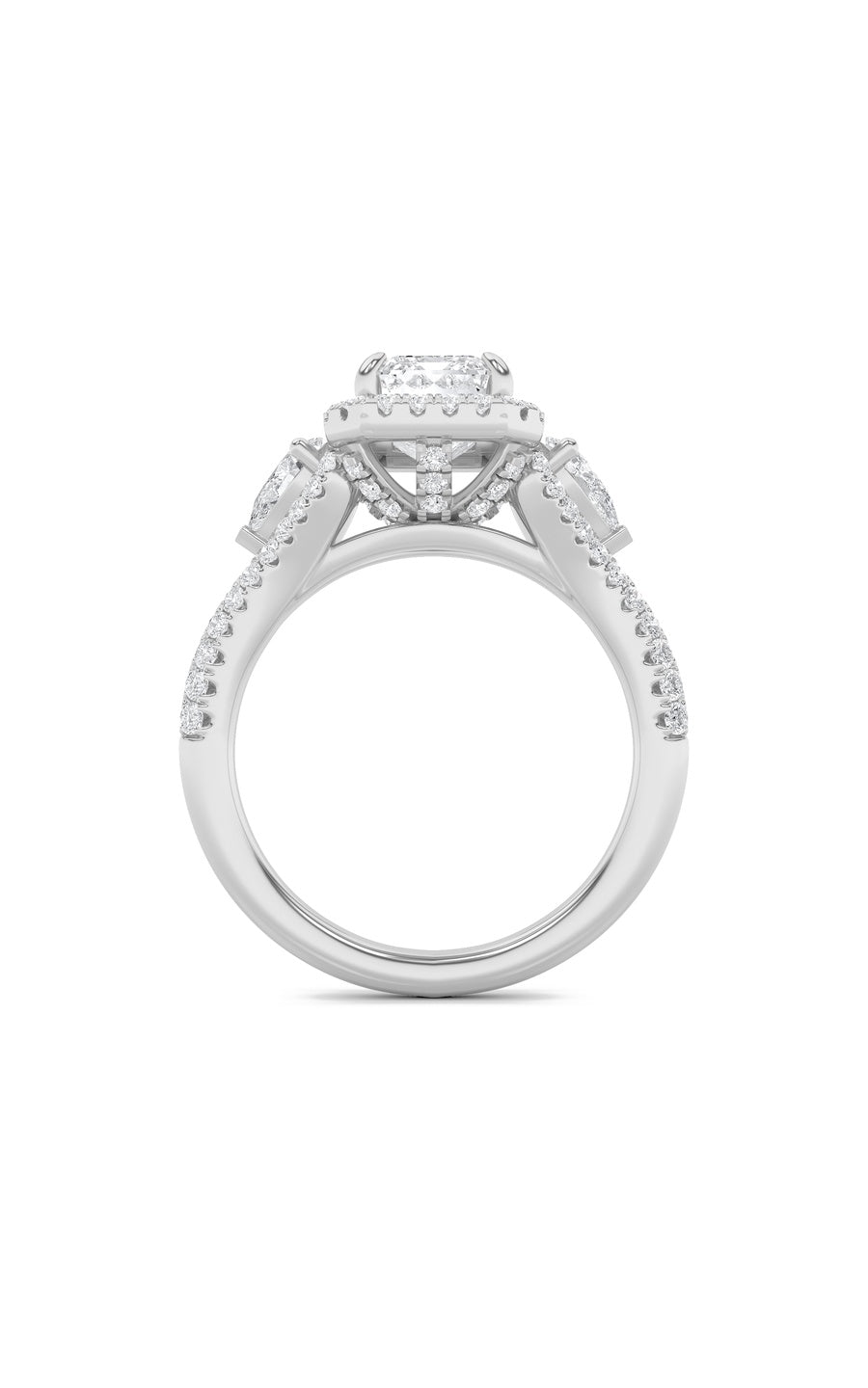 3Cttw Emerald Shaped Lab Grown Diamond (F/VS) Three Stone Bold Accented Engagement Ring in 14K Gold