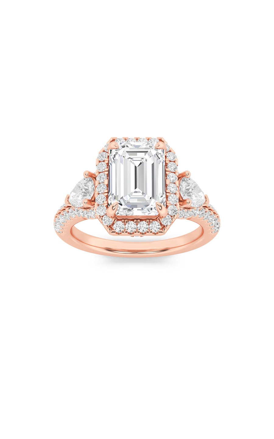 3Cttw Emerald Shaped Lab Grown Diamond (F/VS) Three Stone Bold Accented Engagement Ring in 14K Gold