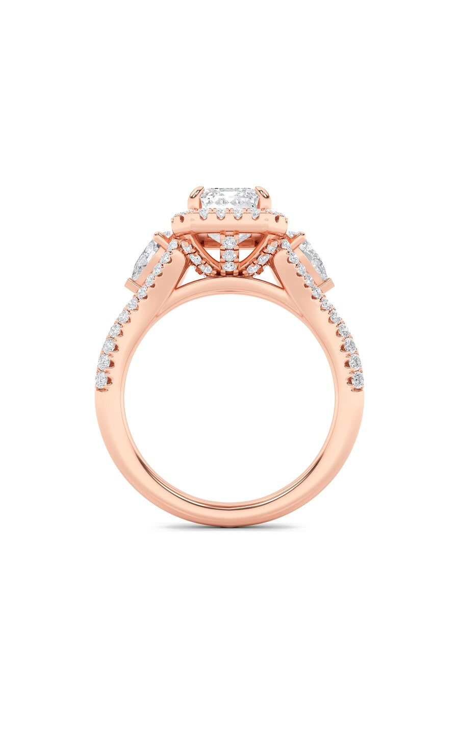 3Cttw Emerald Shaped Lab Grown Diamond (F/VS) Three Stone Bold Accented Engagement Ring in 14K Gold