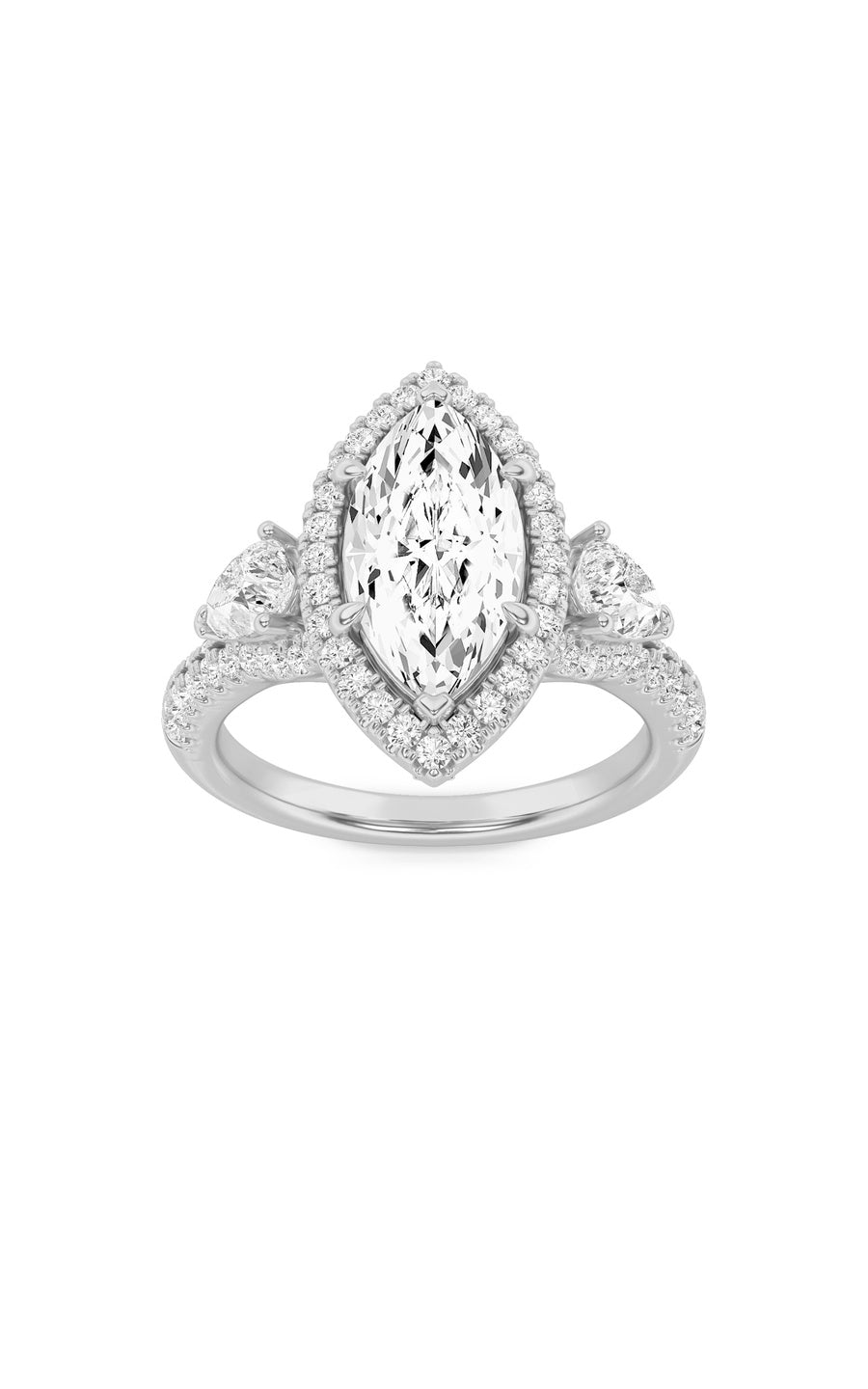 3Cttw Marquise Shaped Lab Grown Diamond (F/VS) Three Stone Bold Accented Engagement Ring in 14K Gold