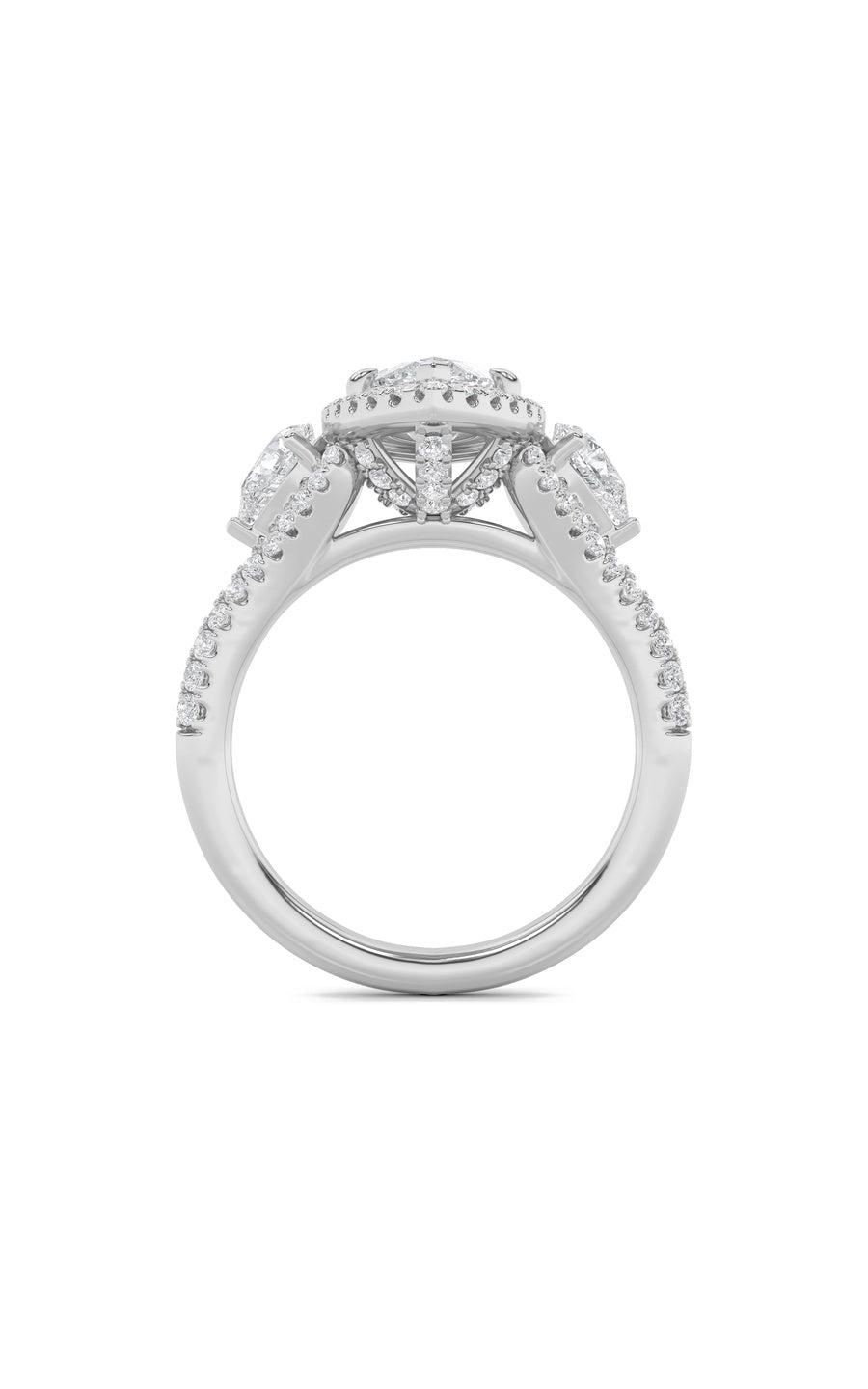 3Cttw Marquise Shaped Lab Grown Diamond (F/VS) Three Stone Bold Accented Engagement Ring in 14K Gold