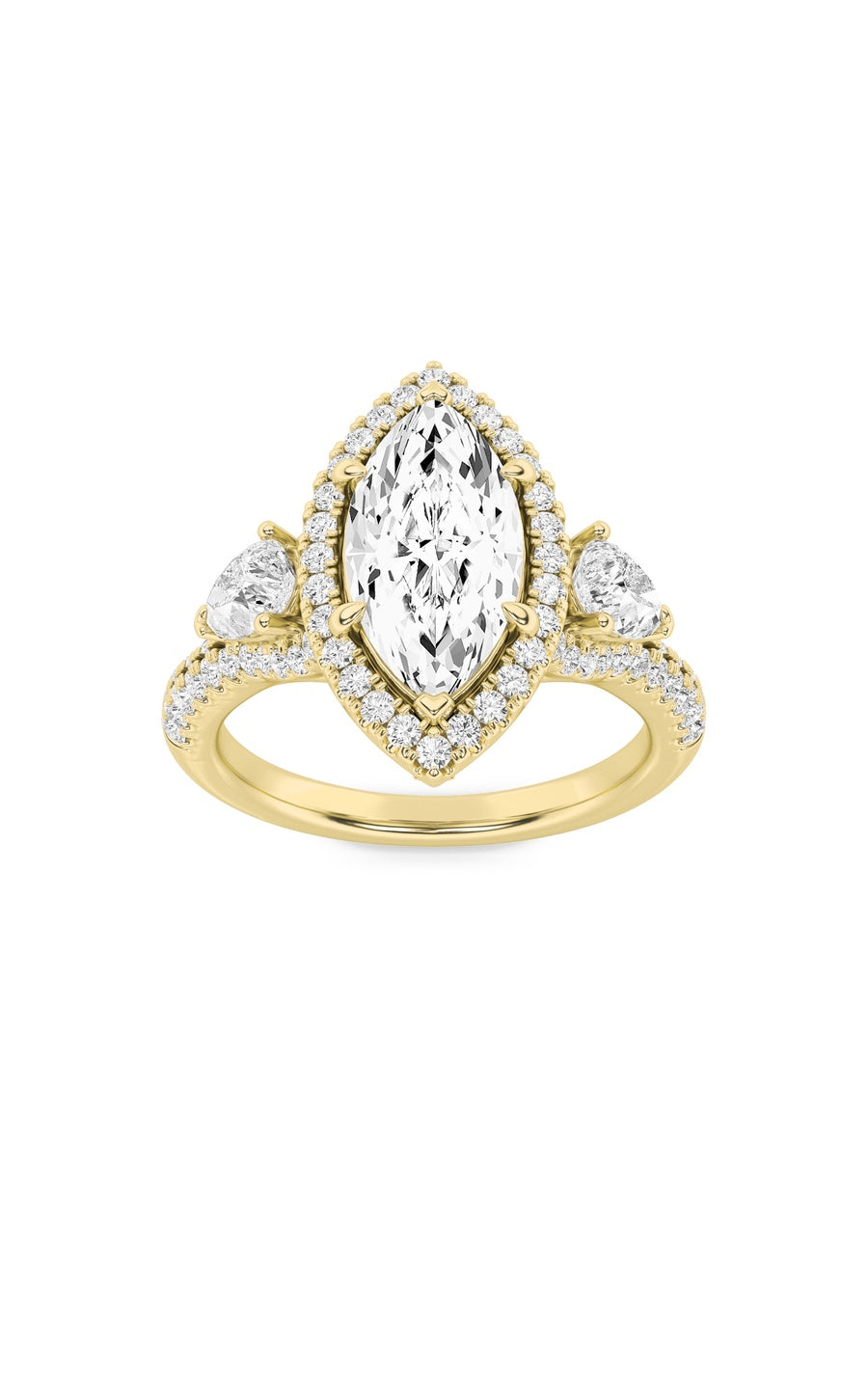 3Cttw Marquise Shaped Lab Grown Diamond (F/VS) Three Stone Bold Accented Engagement Ring in 14K Gold