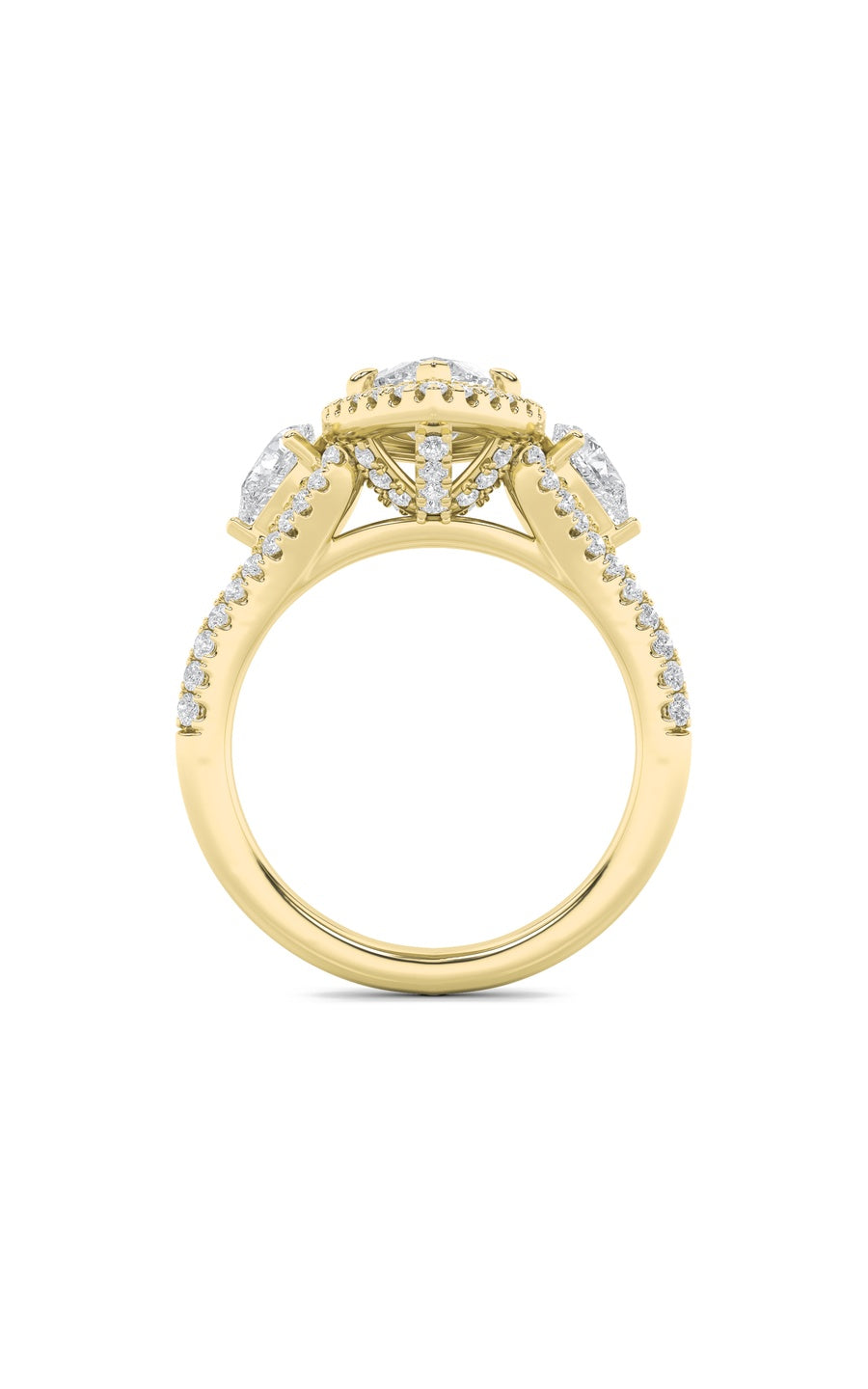 3Cttw Marquise Shaped Lab Grown Diamond (F/VS) Three Stone Bold Accented Engagement Ring in 14K Gold
