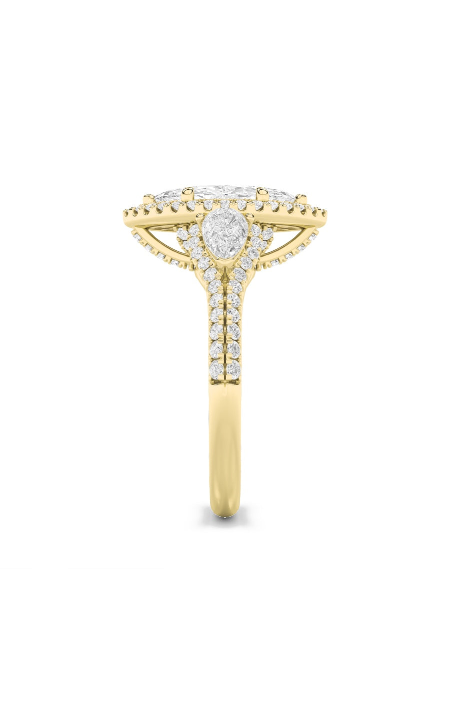 3Cttw Marquise Shaped Lab Grown Diamond (F/VS) Three Stone Bold Accented Engagement Ring in 14K Gold