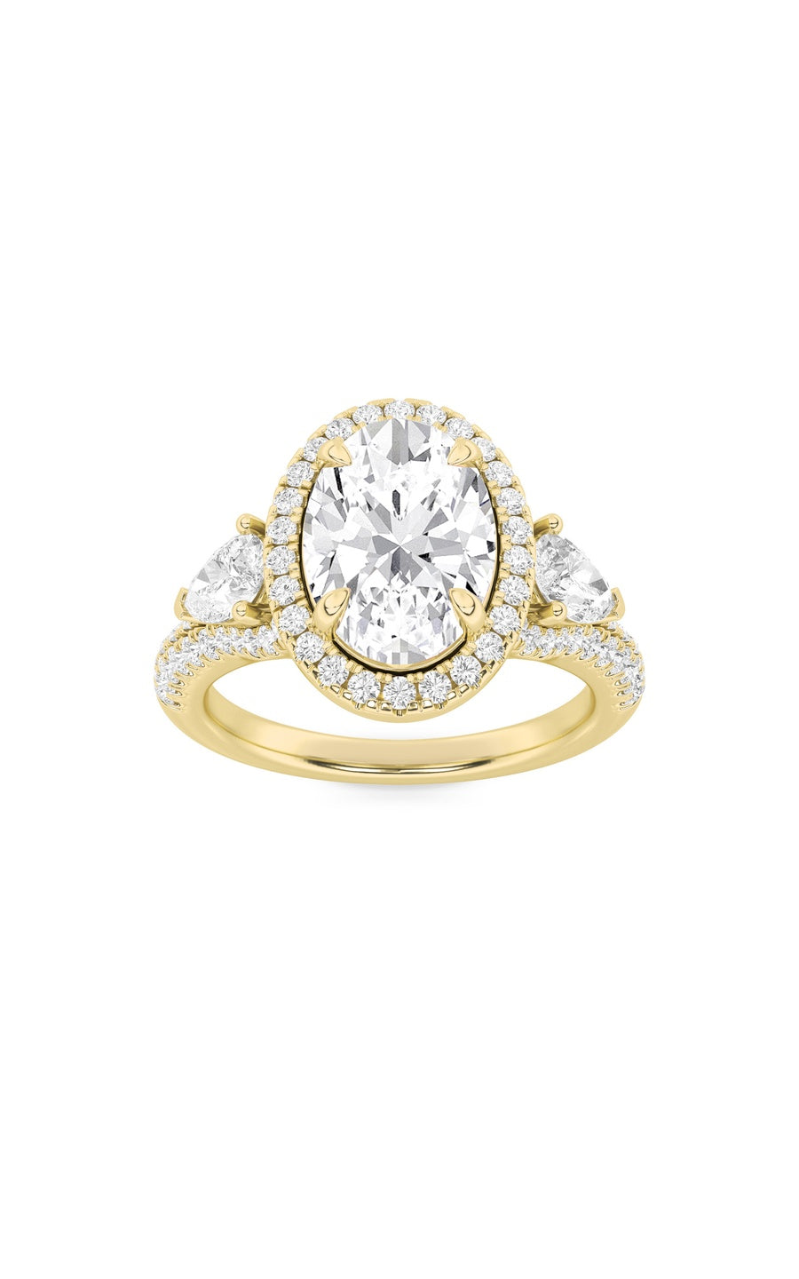 3Cttw Oval Shaped Lab Grown Diamond (F/VS) Three Stone Bold Accented Engagement Ring in 14K Gold