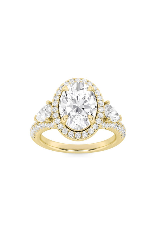 3Cttw Oval Shaped Lab Grown Diamond (F/VS) Three Stone Bold Accented Engagement Ring in 14K Gold