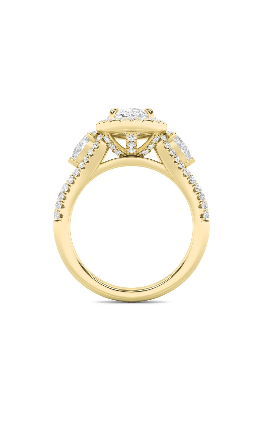 3Cttw Oval Shaped Lab Grown Diamond (F/VS) Three Stone Bold Accented Engagement Ring in 14K Gold