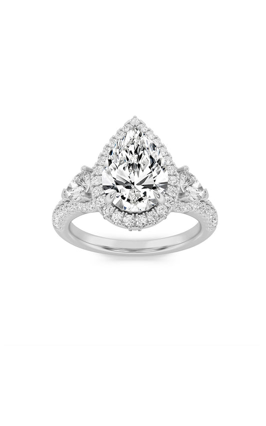 3Cttw Pear Shaped Lab Grown Diamond (F/VS) Three Stone Bold Accented Engagement Ring in 14K Gold