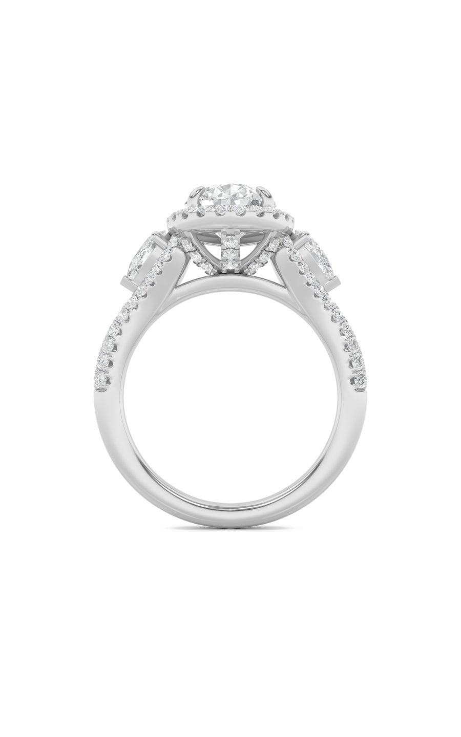 3Cttw Pear Shaped Lab Grown Diamond (F/VS) Three Stone Bold Accented Engagement Ring in 14K Gold