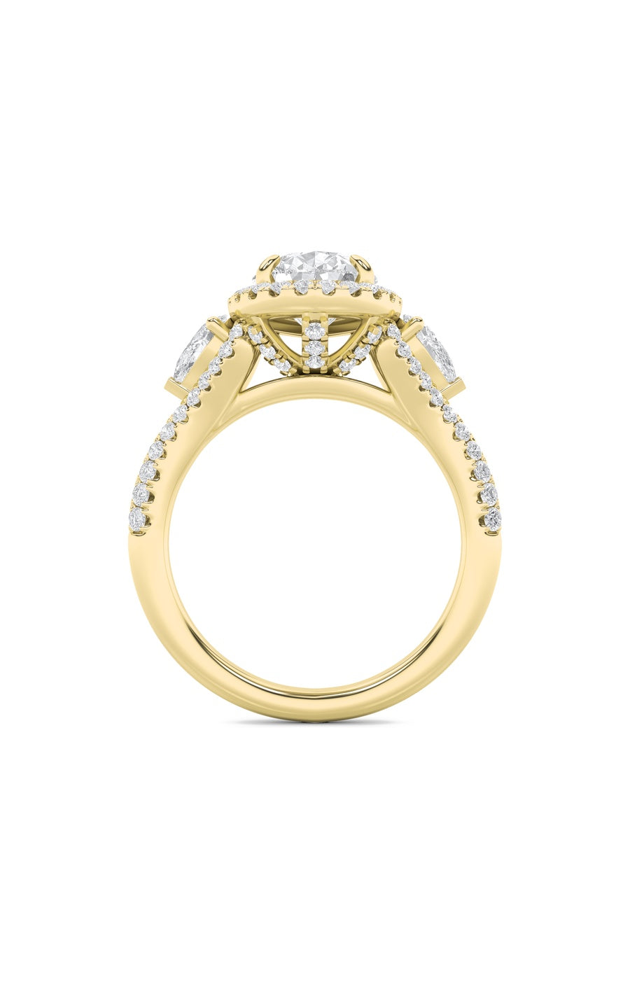 3Cttw Pear Shaped Lab Grown Diamond (F/VS) Three Stone Bold Accented Engagement Ring in 14K Gold