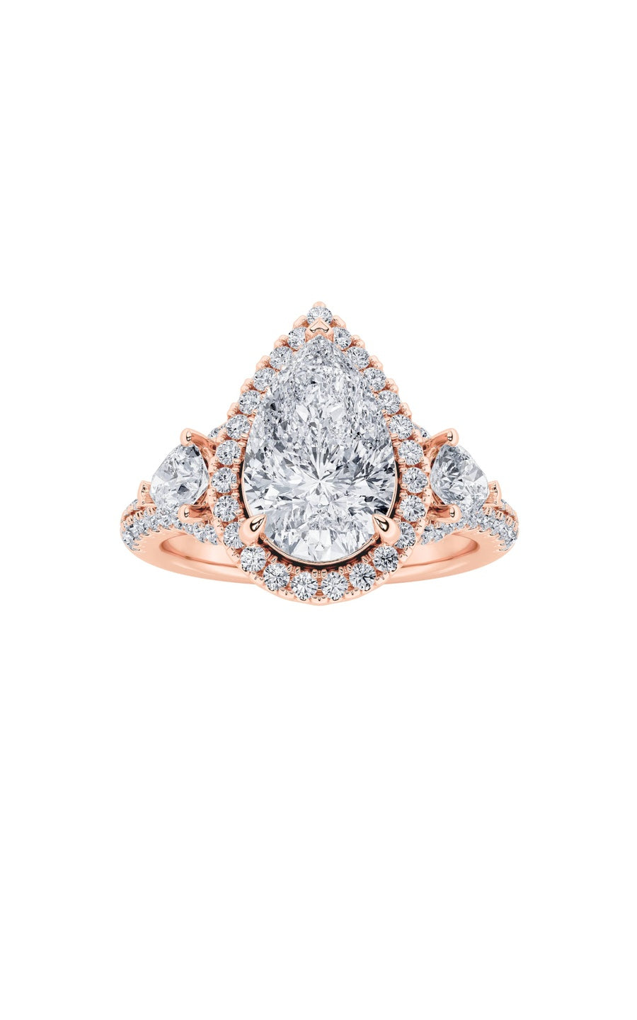3Cttw Pear Shaped Lab Grown Diamond (F/VS) Three Stone Bold Accented Engagement Ring in 14K Gold