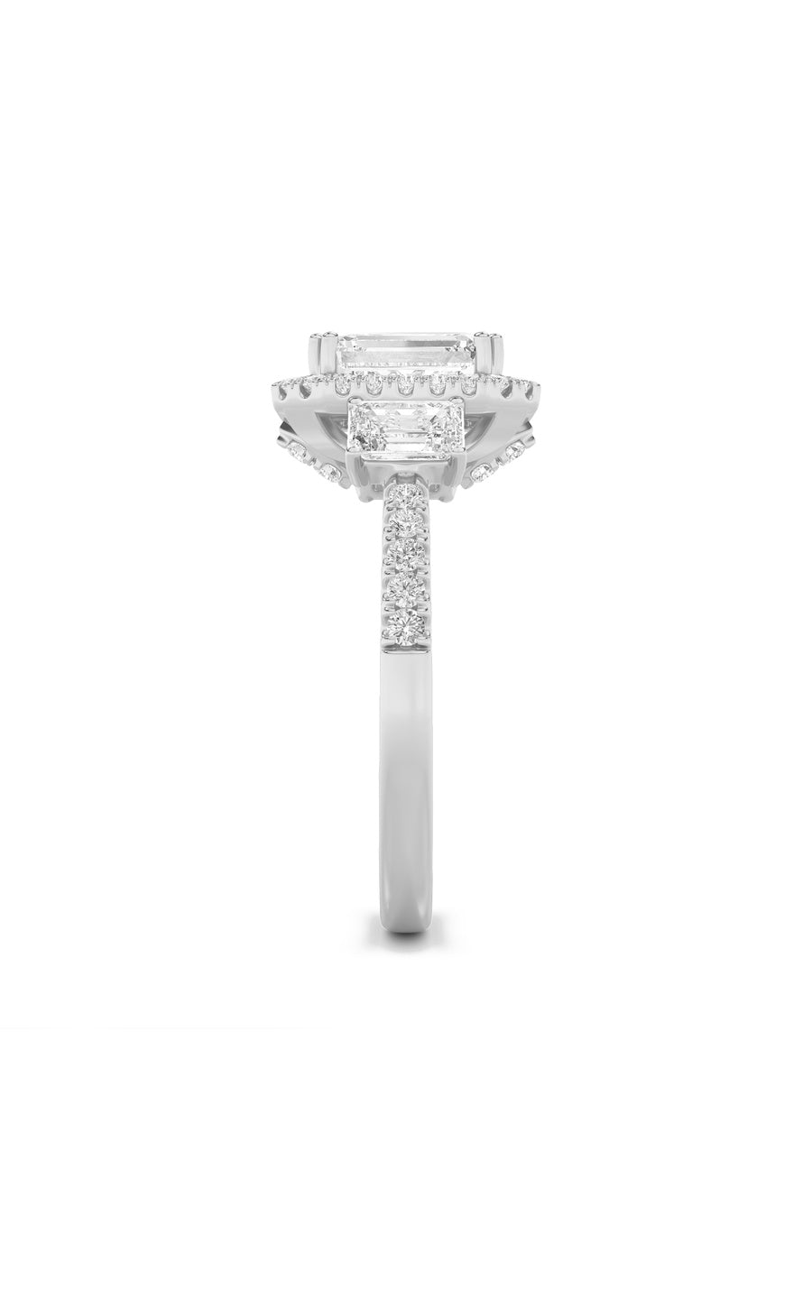 3Cttw Emerald Shaped Lab Grown Diamond (G/VS) Three Stone Accented Engagement Ring in 14K Gold