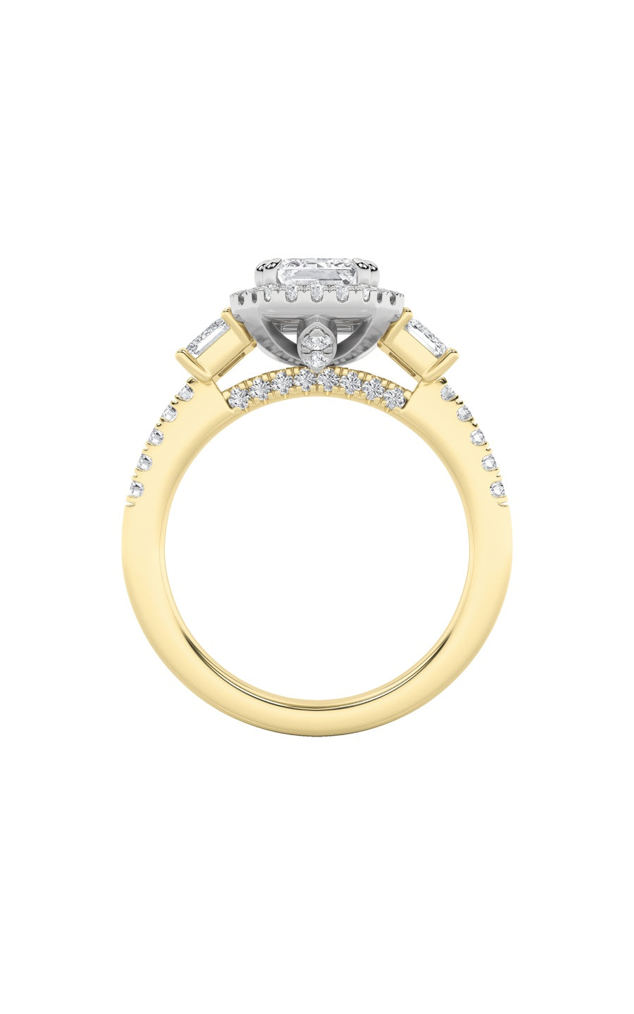 3Cttw Emerald Shaped Lab Grown Diamond (G/VS) Three Stone Accented Engagement Ring in 14K Gold