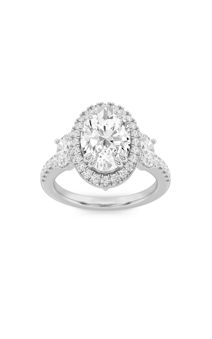 3Cttw Oval Shaped Lab Grown Diamond (G/VS) Three Stone Accented Engagement Ring in 14K Gold
