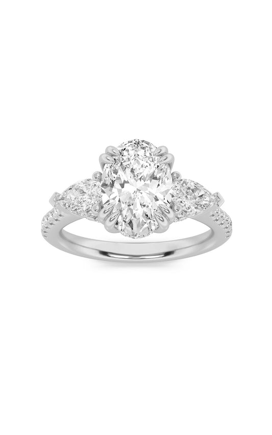 3Cttw Oval Shaped Lab Grown Diamond (F/VS) Three Stone Accented Engagement Ring in 14K Gold