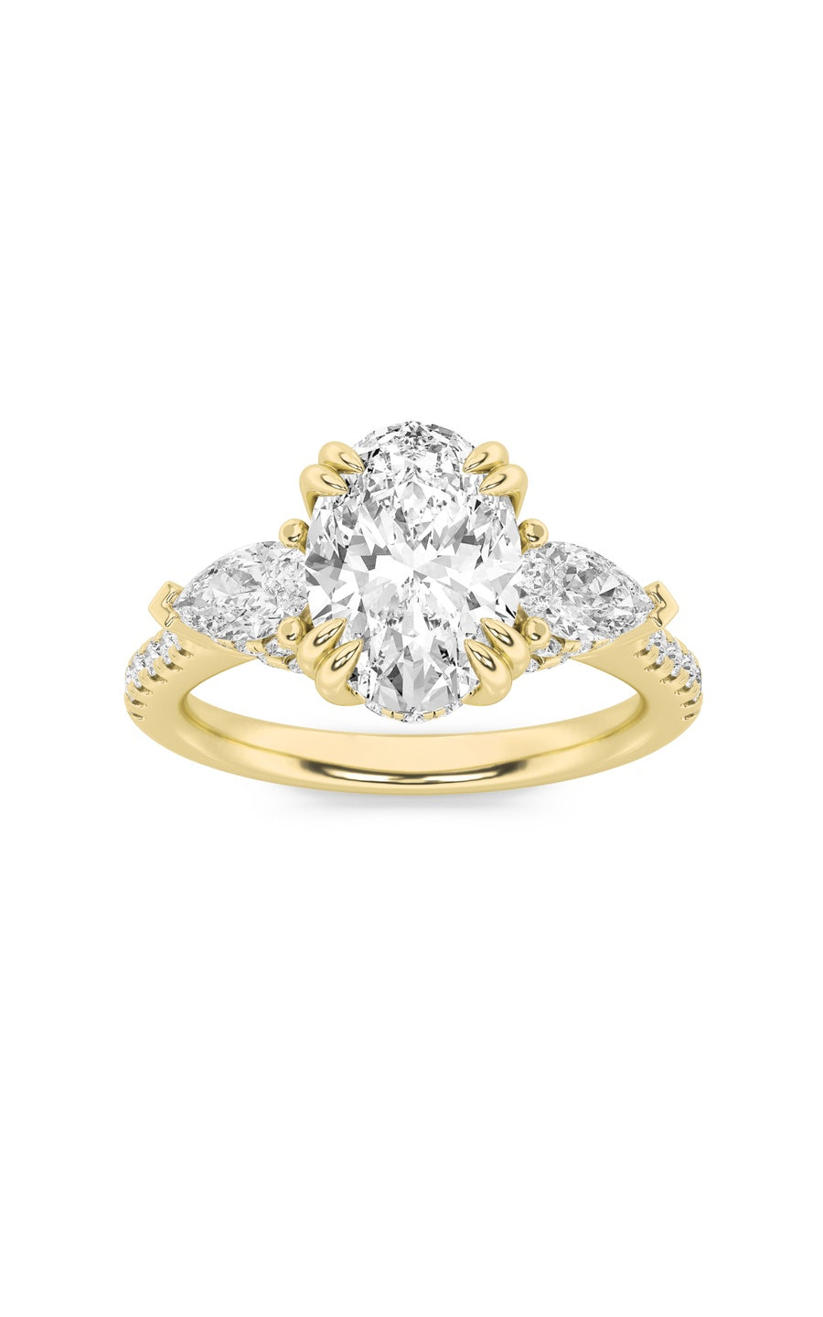 3Cttw Oval Shaped Lab Grown Diamond (F/VS) Three Stone Accented Engagement Ring in 14K Gold