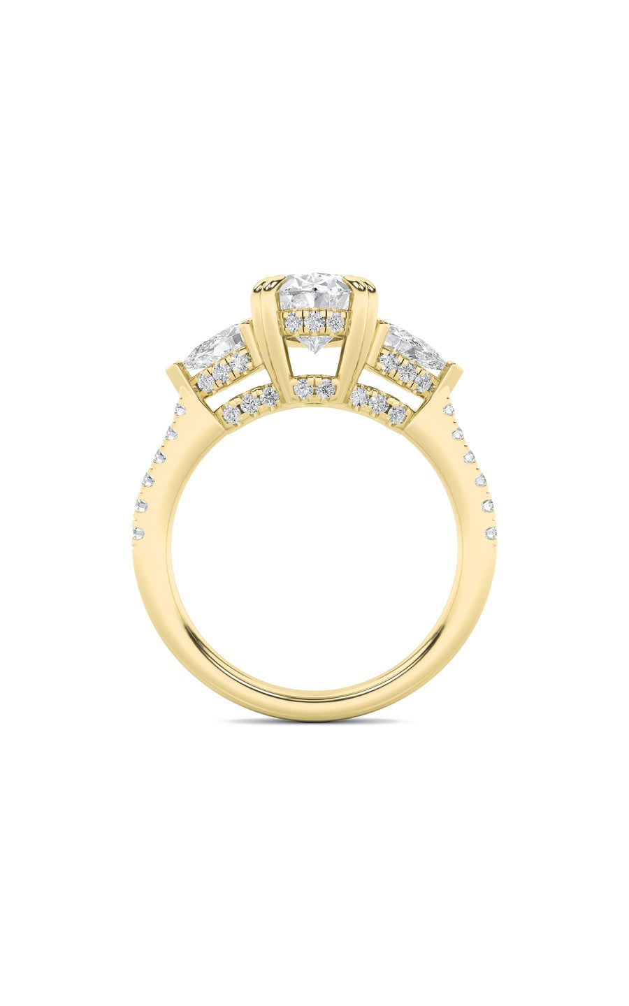 3Cttw Oval Shaped Lab Grown Diamond (F/VS) Three Stone Accented Engagement Ring in 14K Gold