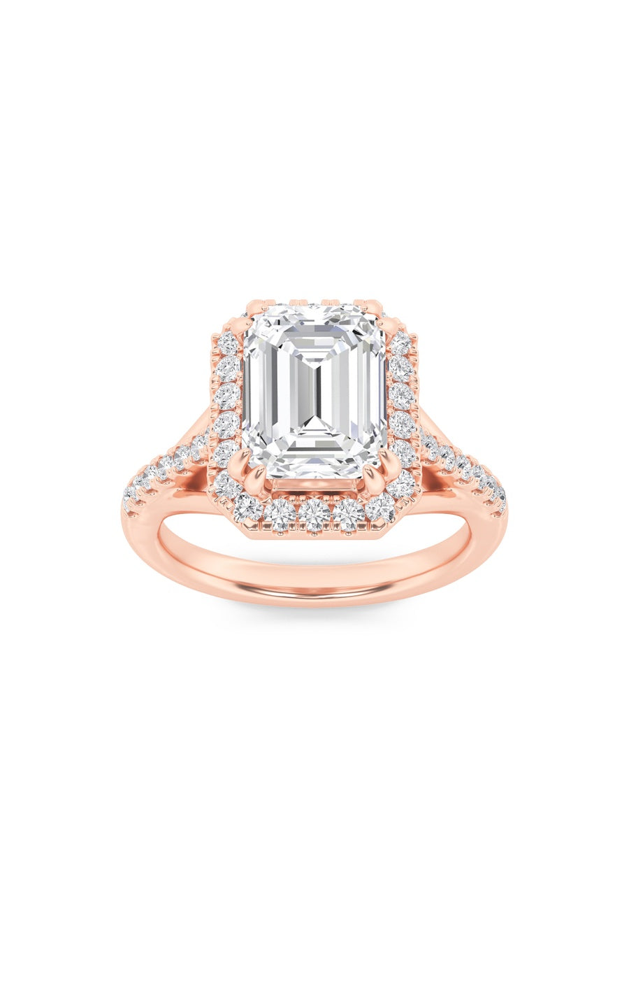 3Cttw Emerald Shaped Lab Grown Diamond (F/VS) HaloAccented Engagement Ring in 14K Gold
