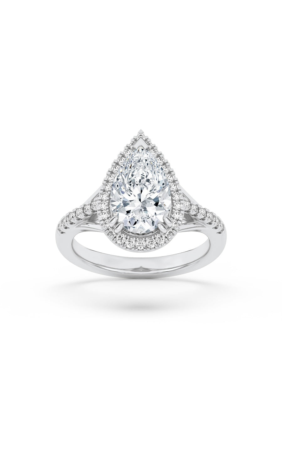 3Cttw Pear Shaped Lab Grown Diamond (F/VS) Halo Accented Engagement Ring in 14K Gold