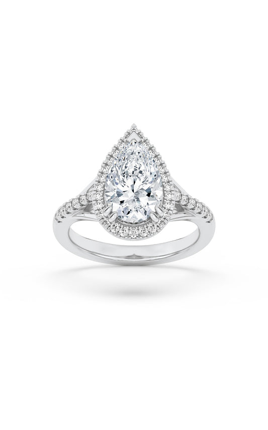 3Cttw Pear Shaped Lab Grown Diamond (F/VS) Halo Accented Engagement Ring in 14K Gold