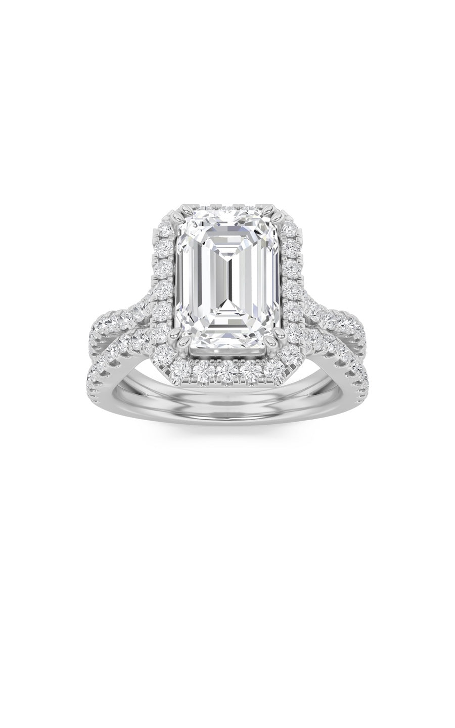 4Cttw Emerald Shaped Lab Grown Diamond (F/VS) Split Shank Halo Engagement Ring in 14K Gold