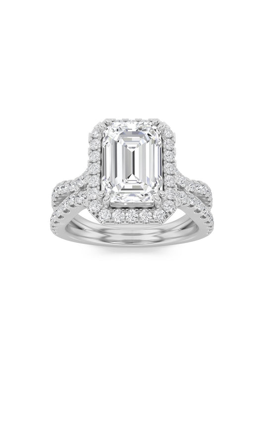 4Cttw Emerald Shaped Lab Grown Diamond (F/VS) Split Shank Halo Engagement Ring in 14K Gold