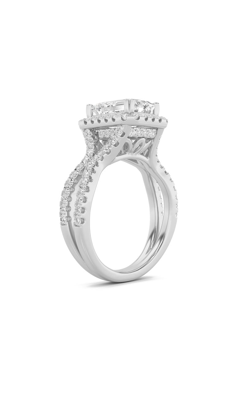 4CTW Emerald Shaped Lab Grown Diamond (F/VS) Split Shank Halo Engagement Ring in 14K Gold
