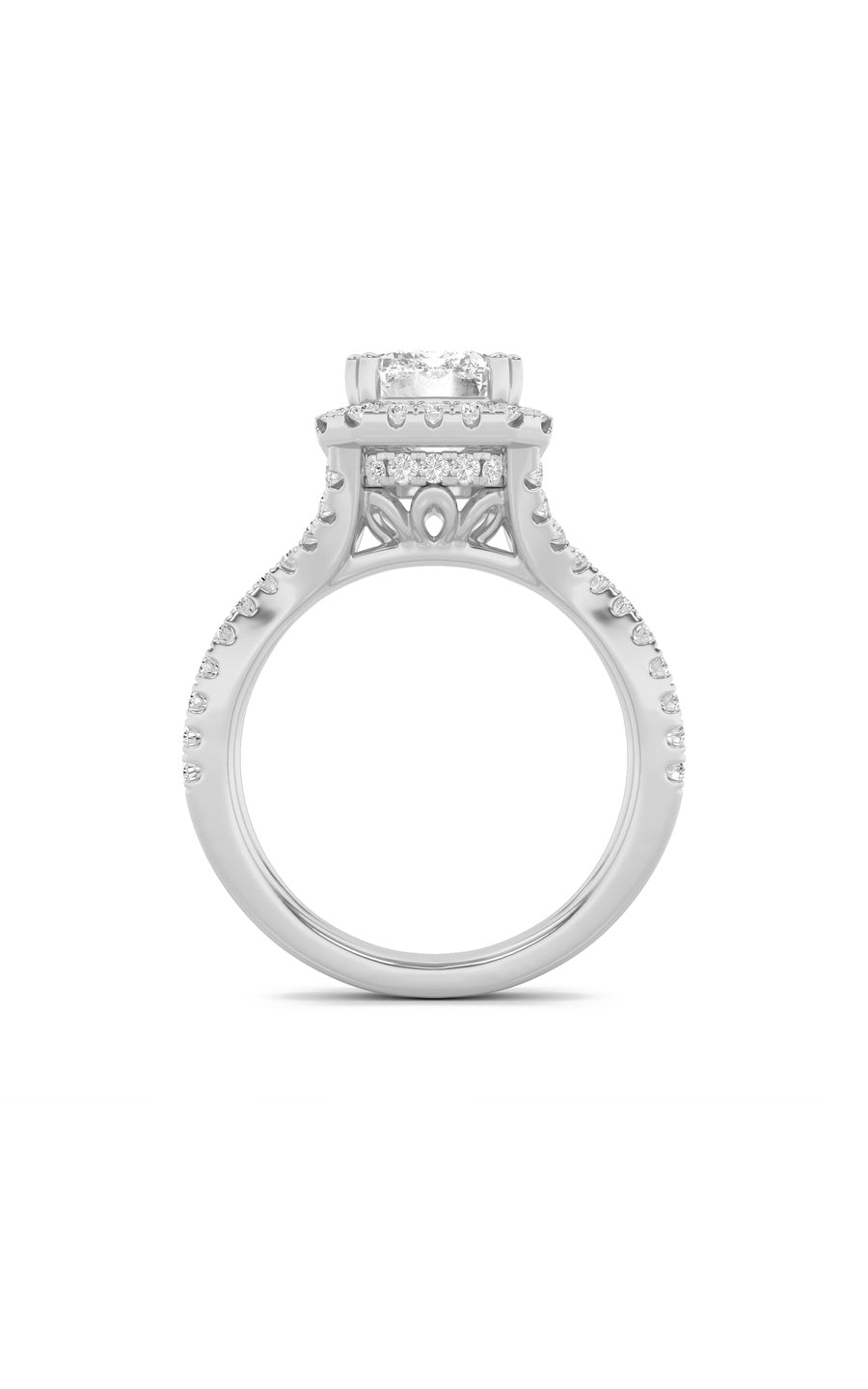 4Cttw Emerald Shaped Lab Grown Diamond (F/VS) Split Shank Halo Engagement Ring in 14K Gold