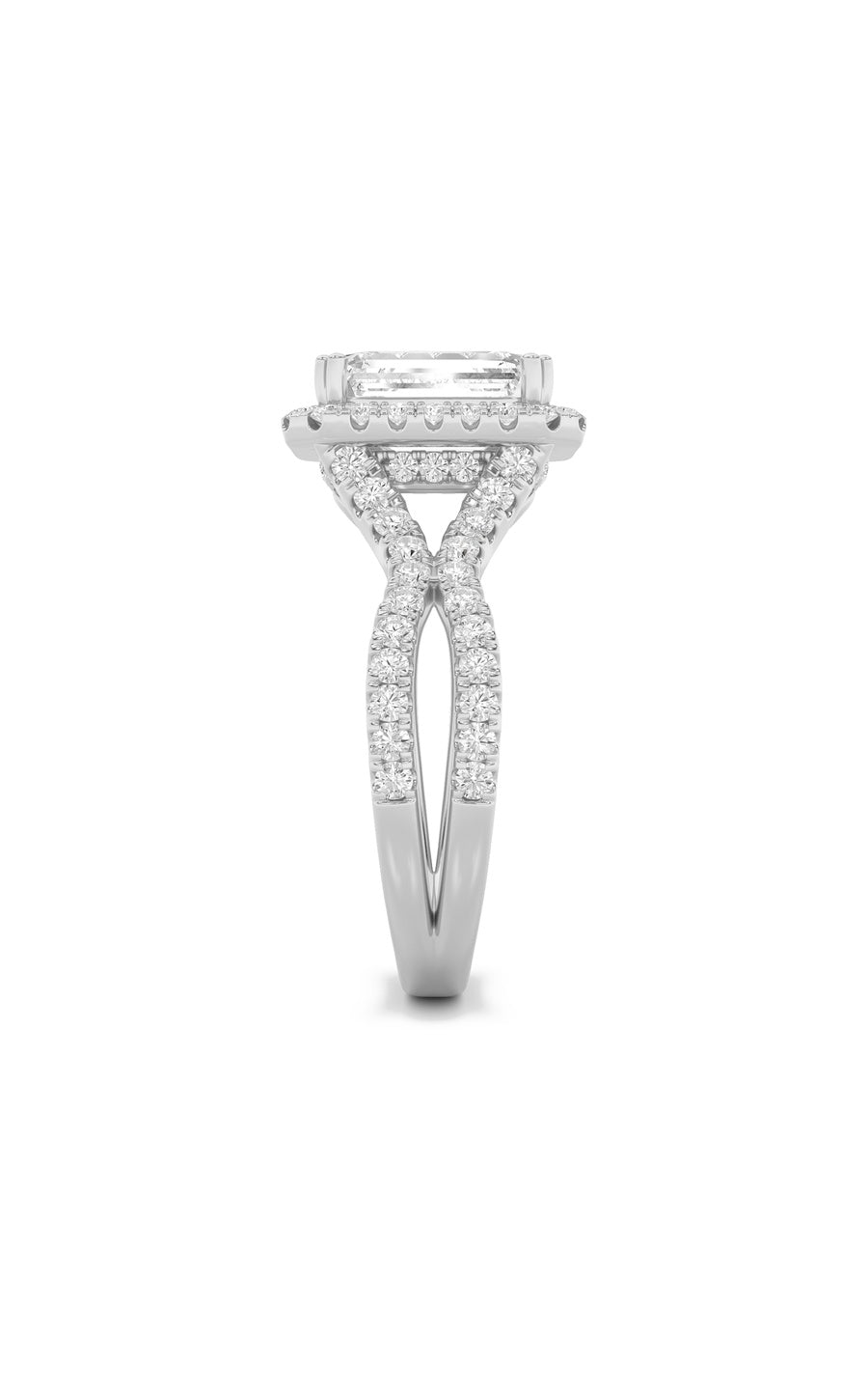 4Cttw Emerald Shaped Lab Grown Diamond (F/VS) Split Shank Halo Engagement Ring in 14K Gold