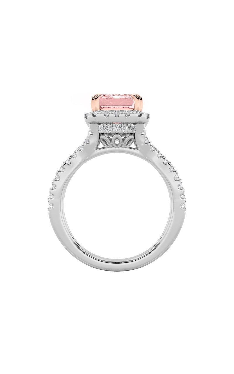 4CTW Emerald Shaped Lab Grown Diamond (F/VS) Split Shank Halo Engagement Ring in 14K Gold