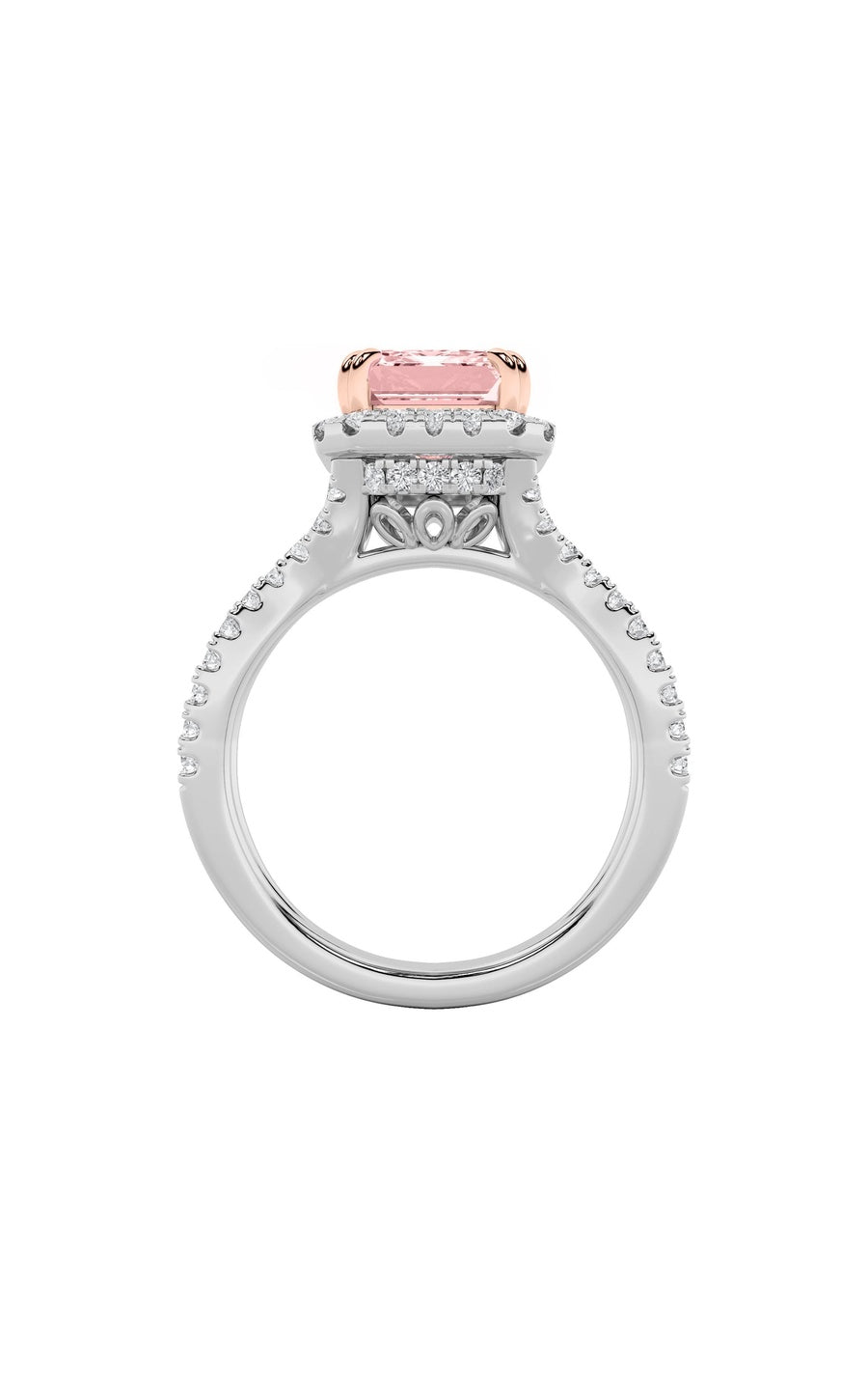 4Cttw Emerald Shaped Lab Grown Diamond (F/VS) Split Shank Halo Engagement Ring in 14K Gold