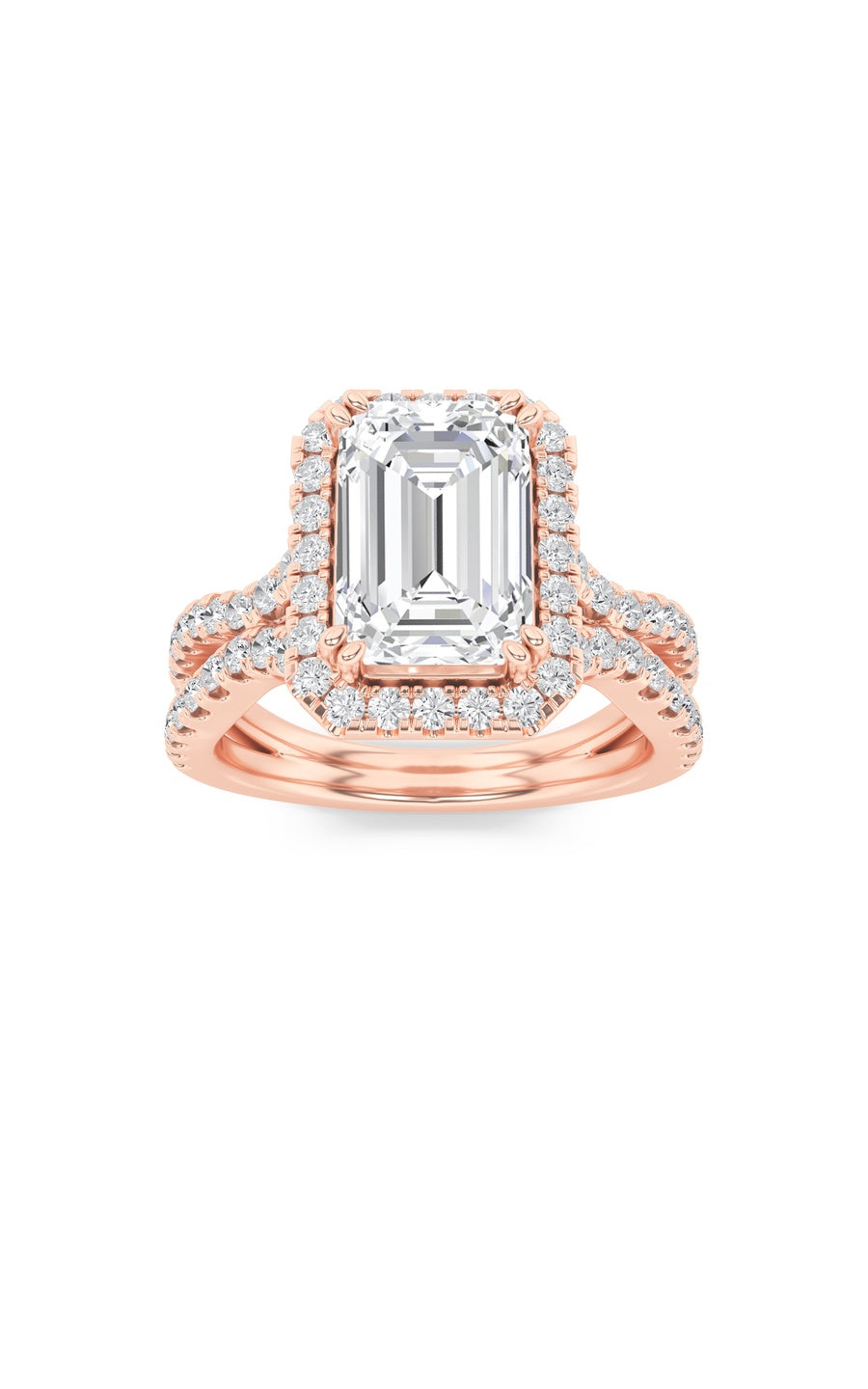 4Cttw Emerald Shaped Lab Grown Diamond (F/VS) Split Shank Halo Engagement Ring in 14K Gold